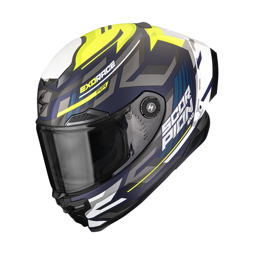 Casco Moto Integrale Pista SCORPION EXO RACE AIR KOBRA Blu Giallo Neon Opaco FIM 2
