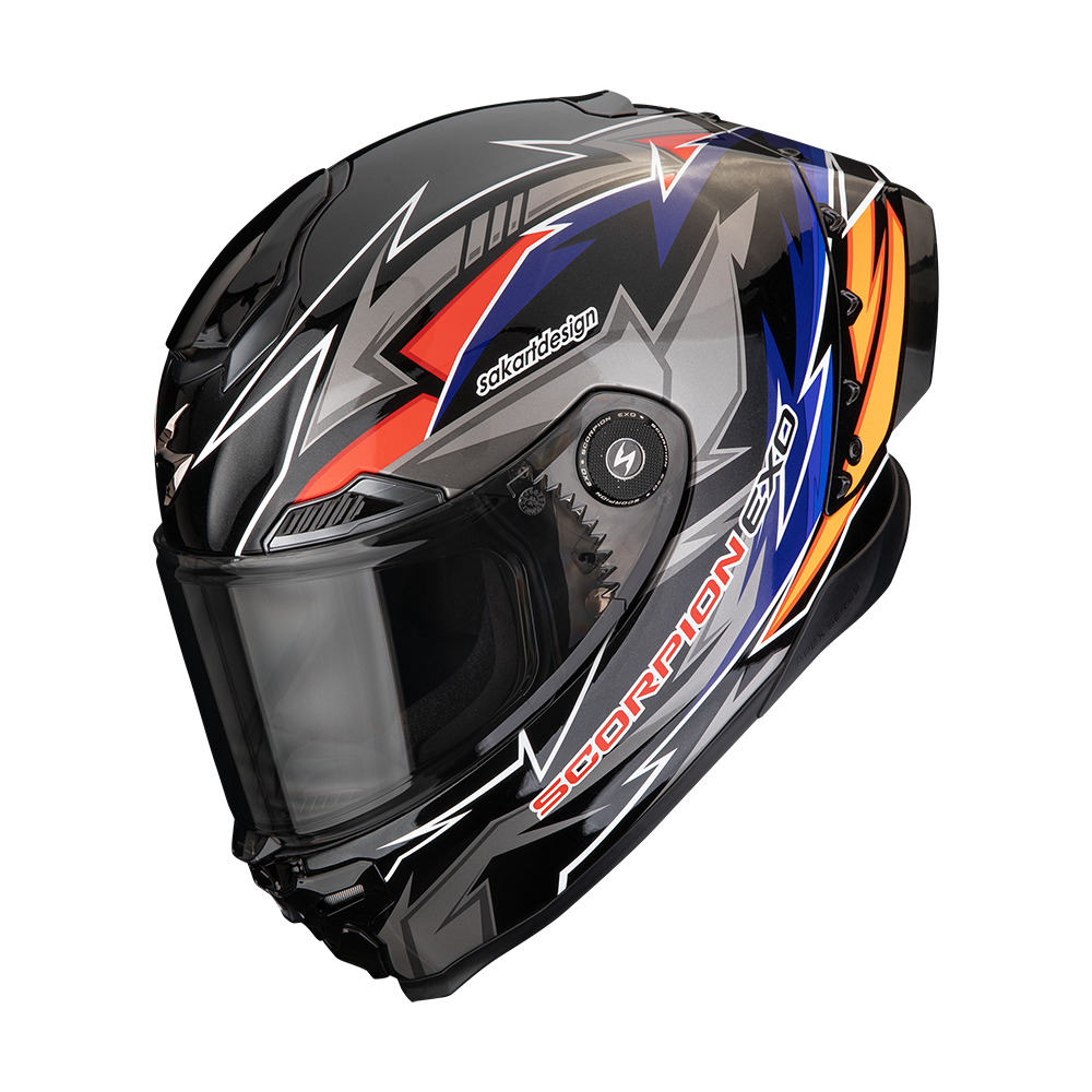 Casco Moto Integrale Pista SCORPION EXO RACE AIR MOVE ON Nero Blu Arancione FIM 2