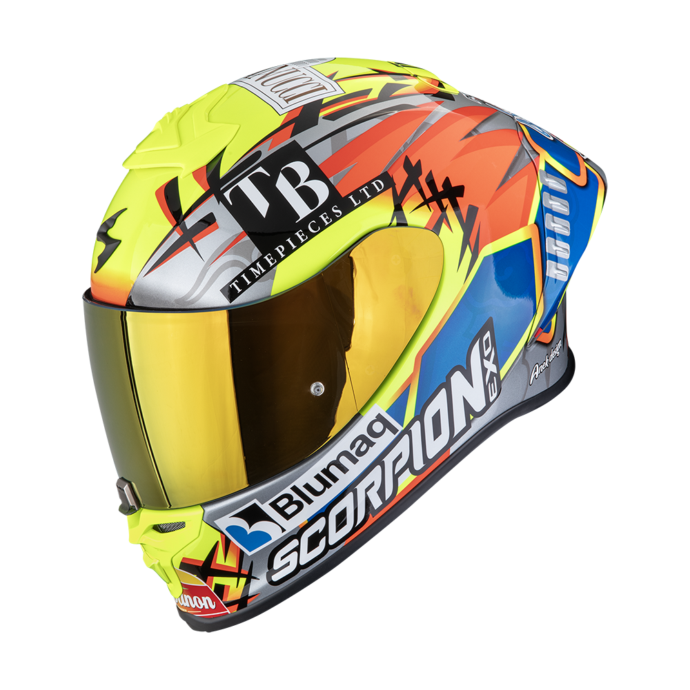 Casco Moto Integrale SCORPION EXO R1 EVO 2 AIR ARON MISANO Argento Giallo Neon Blu