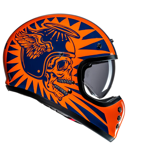 Casco Moto Integrale Vintage HJC V60 FLAME MC27 Arancio Blu Lucido