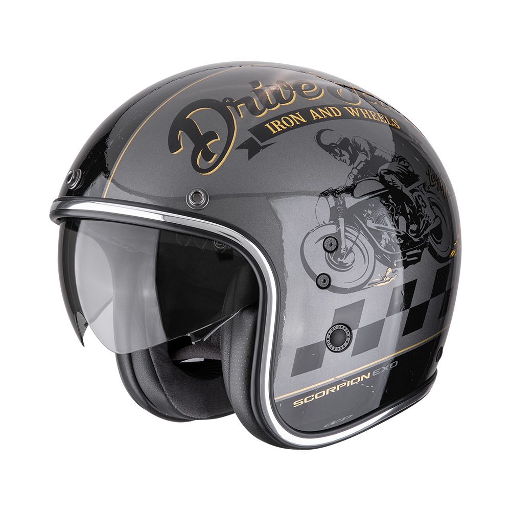 Casco Moto Jet Vintage SCORPION BELFAST EVO DRIVE FAST Argento Nero Oro
