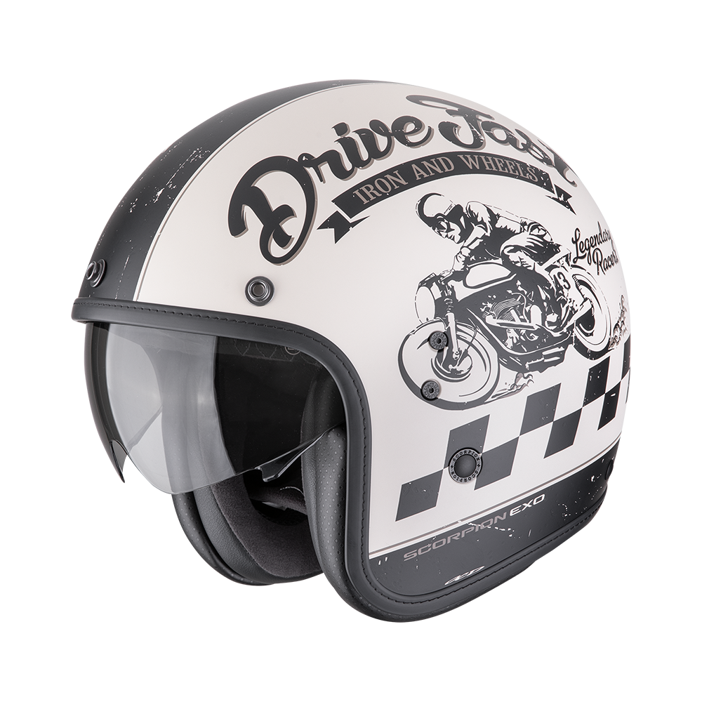 Casco Moto Jet Vintage SCORPION BELFAST EVO DRIVE FAST Crema Opaco Nero
