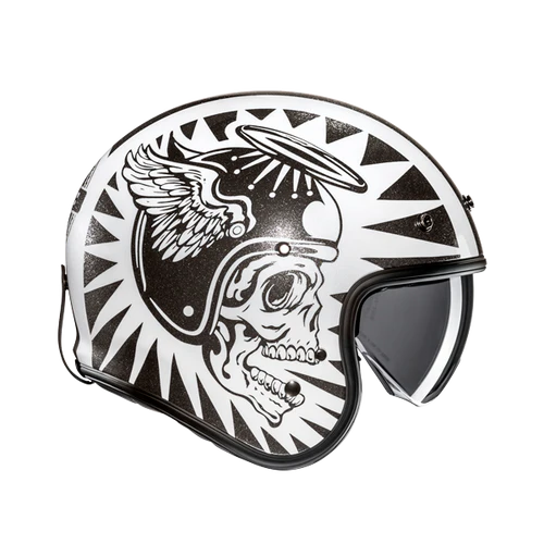 Casco Moto Jet Vintage V31 FLAME MC5 Bianco Nero Metallizzato