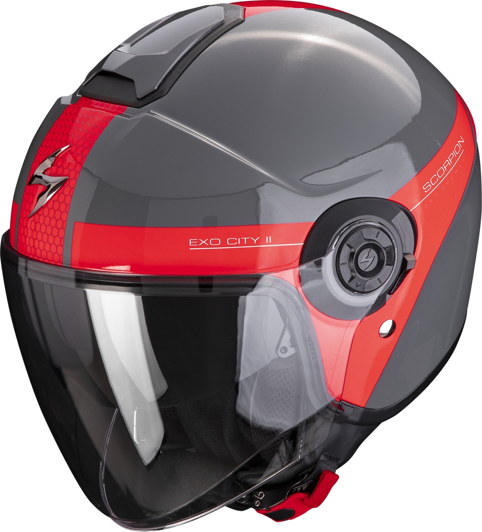 Casco Jet Scorpion Exo-City 2 SHORT Grigio Rosso ECE 22-06 Visiera Lunga e Parasole