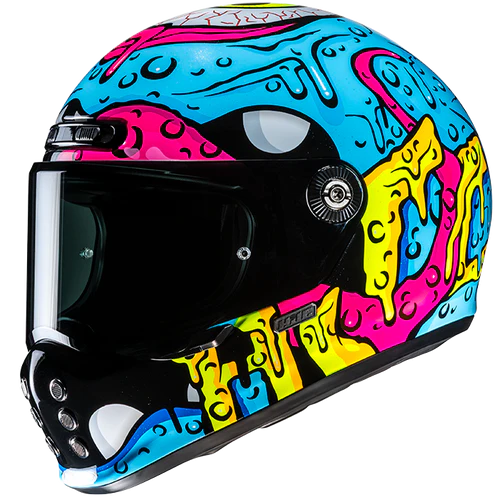 Casco Moto Integrale HJC Vintage V10 SQUEEZE MC28 Azzurro Giallo Fucsia Lucido