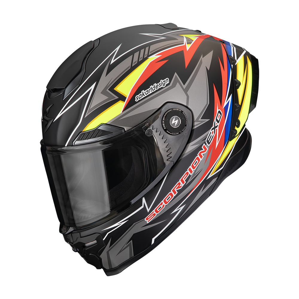 Casco Moto Integrale Pista SCORPION EXO RACE AIR MOVE ON Nero Rosso Giallo Opaco FIM 2