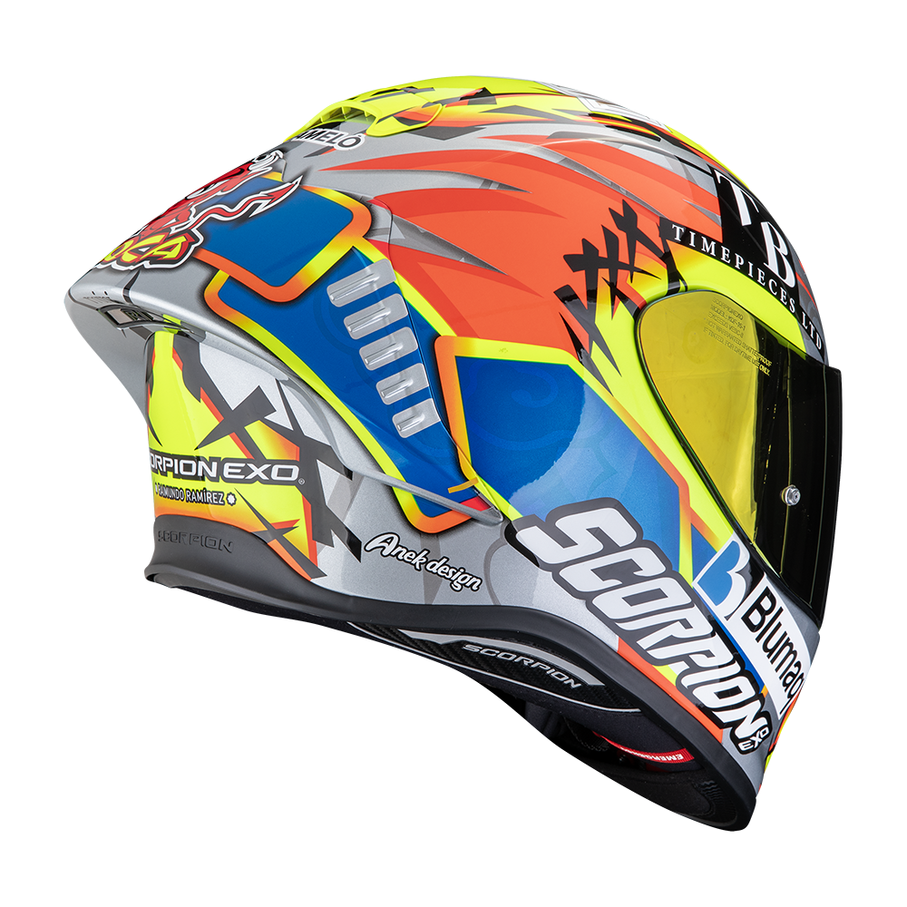 Casco Moto Integrale SCORPION EXO R1 EVO 2 AIR ARON MISANO Argento Giallo Neon Blu