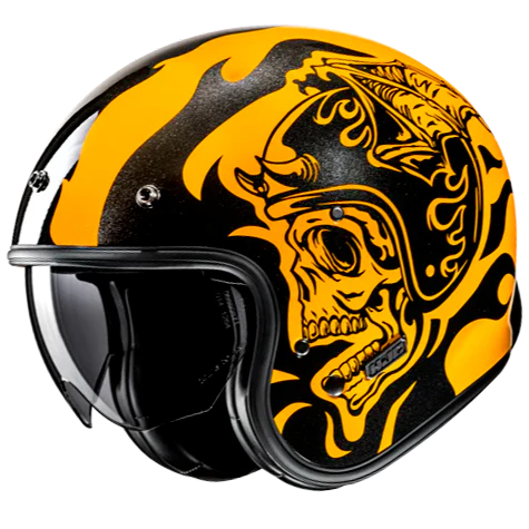 Casco Moto Jet Vintage V31 FLAME MC3 Giallo Nero Lucido