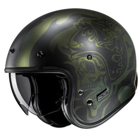 Casco Moto Jet Vintage V31 FLAME MC4SF Verde Militare Nero Opaco