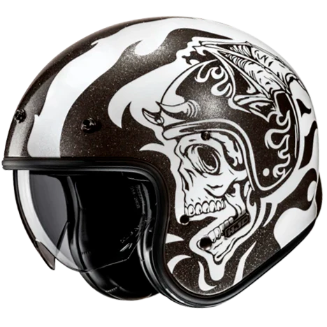 Casco Moto Jet Vintage V31 FLAME MC5 Bianco Nero Metallizzato