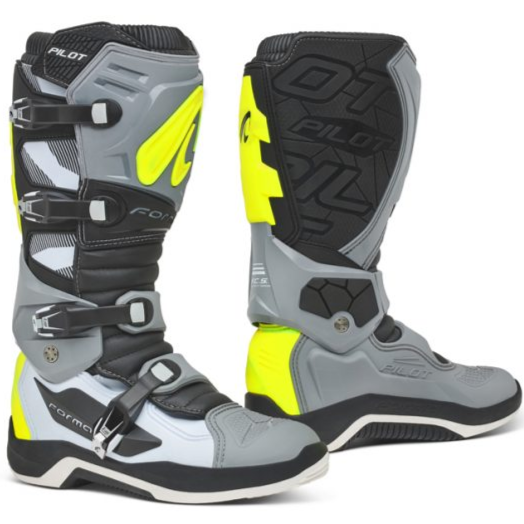Stivali Cross Forma Boots PILOT Grigio/Bianco/Giallo Fluo In Pelle Con Protezioni CE