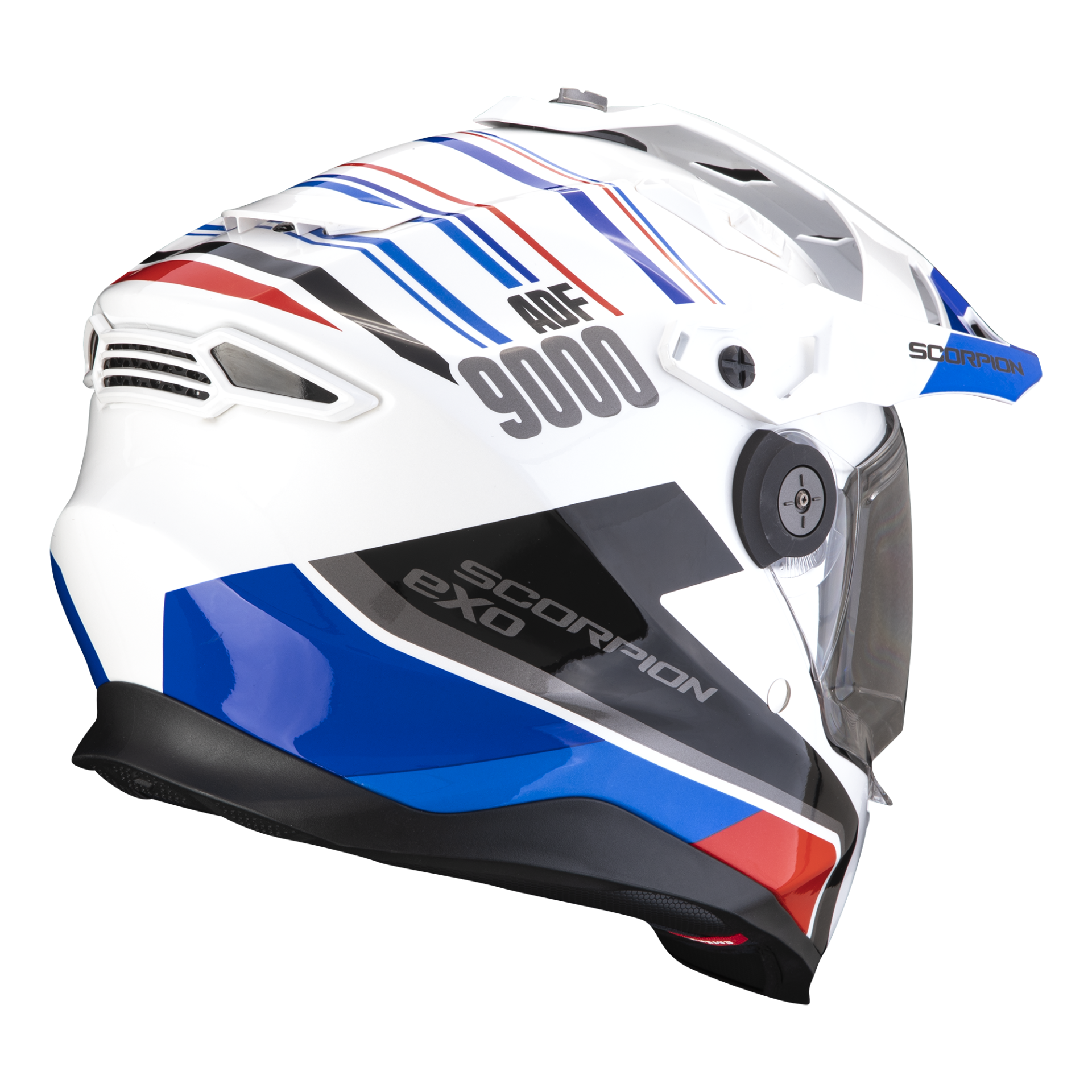 Casco Moto Integrale Adventure Scorpion ADF 9000 AIR In Fibra ECE 22-06 Desert Bianco Blu Rosso