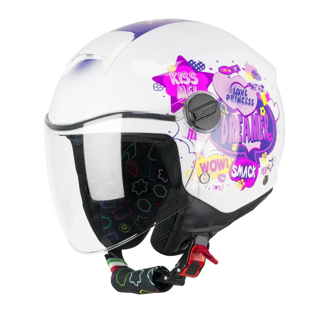 Casco CGM Bimbo 261A MINI COMICS Fucsia Bianco Con Visiera Lunga ECE 22-06