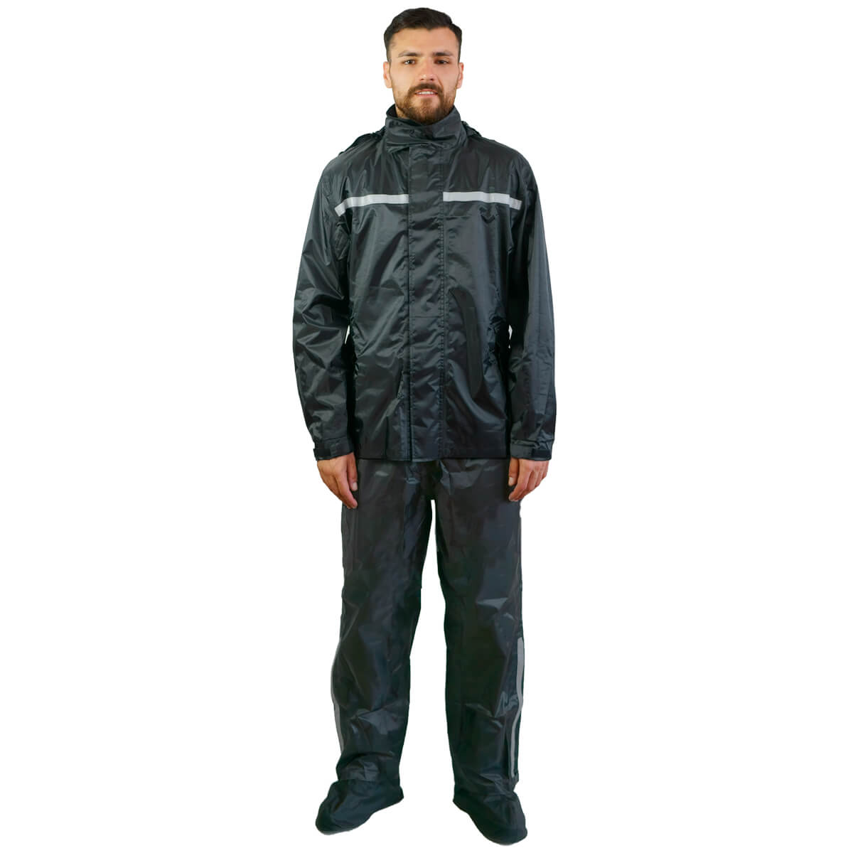 Rainwear set in waterproof synthetic fabric jacket, trousers and boot covers.